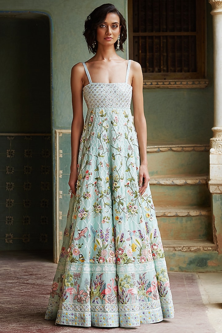 Powder Blue Hand Embroidered Gown by Rahul Mishra
