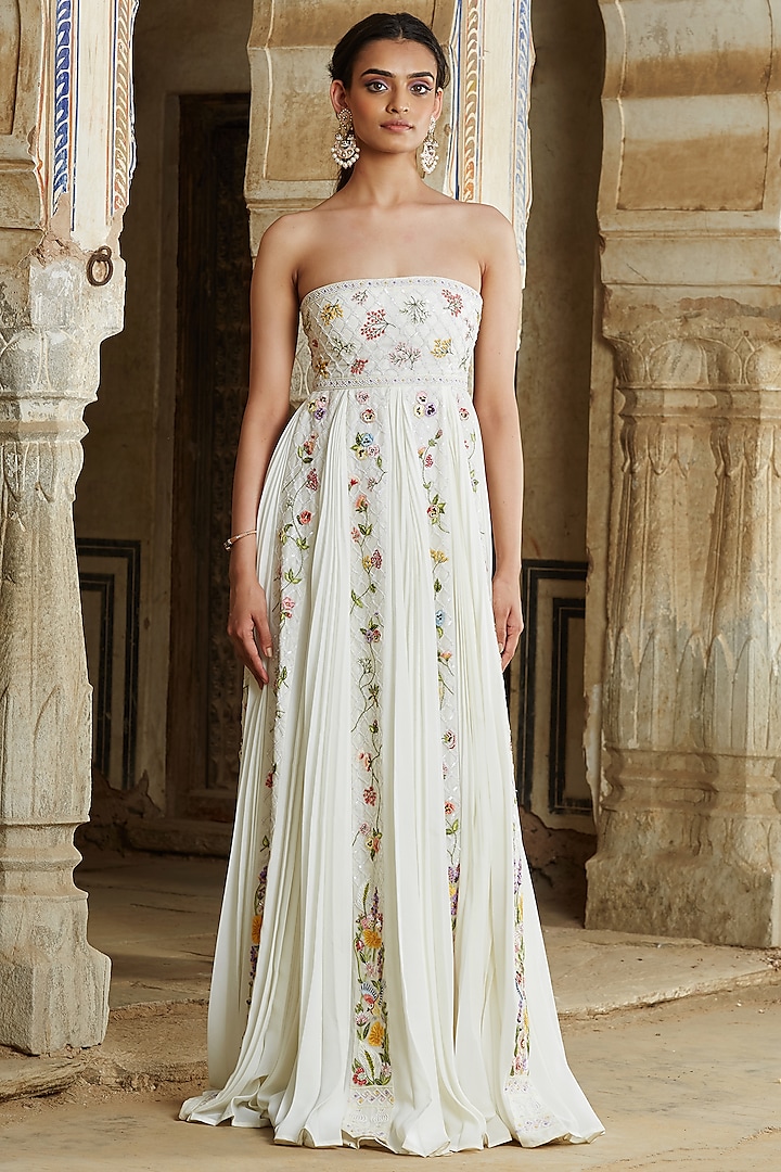 Ivory Hand Embroidered Pleated Dress by Rahul Mishra
