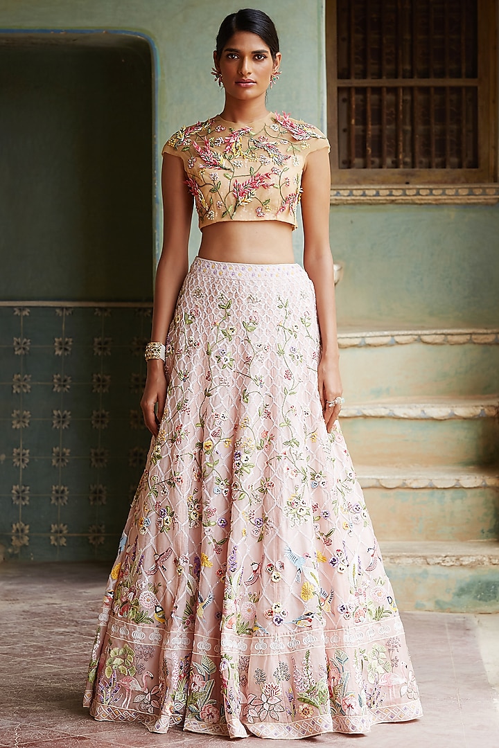 Pink Hand Embroidered Bridal Lehenga Set by Rahul Mishra at Pernia's Pop Up Shop