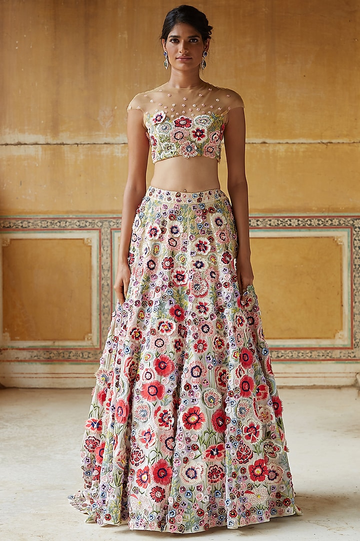 Ivory Hand Embroidered Lehenga Set by Rahul Mishra