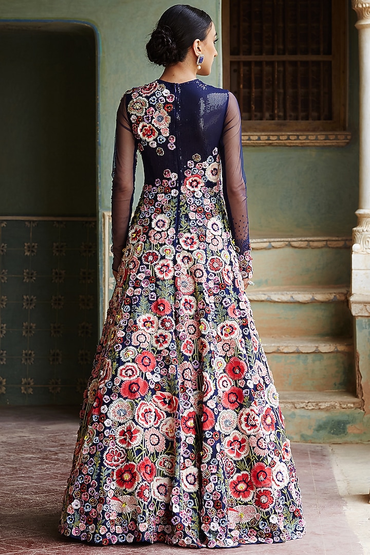 Navy Blue Hand Embroidered Bridal Gown by Rahul Mishra at Pernia's Pop Up Shop