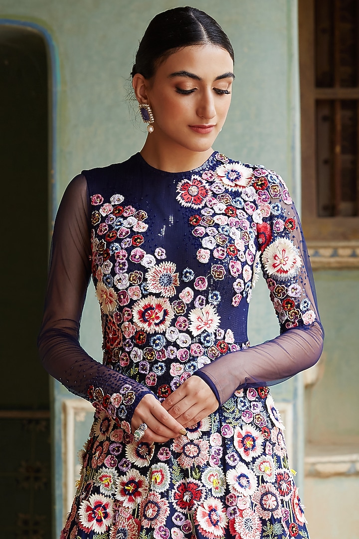 Navy Blue Hand Embroidered Bridal Gown by Rahul Mishra at Pernia's Pop Up Shop