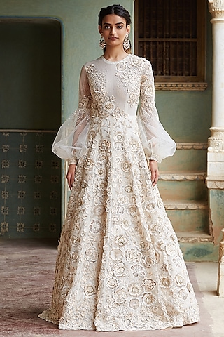 Ivory & Gold Hand Embroidered Gown by Rahul Mishra