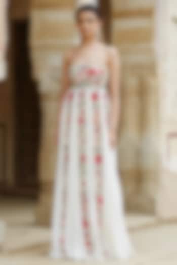 Ivory 3D Hand Embroidered Pleated Party Wear Dress by Rahul Mishra at Pernia's Pop Up Shop