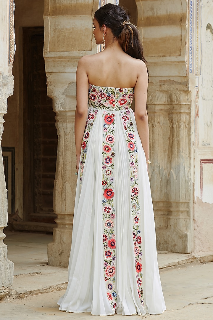 green emerald velvet dress Grey Embroidered Gown with Off-Shoulder Draped Bodice, Floral Handwork & Pleated Skirt Grey / M / 3 Days main image 0