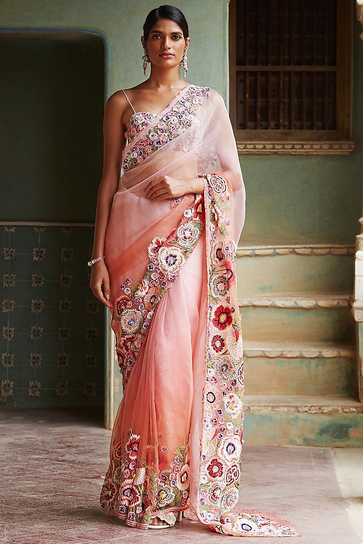 Pink Ombre Hand Embroidered Saree Set by Rahul Mishra