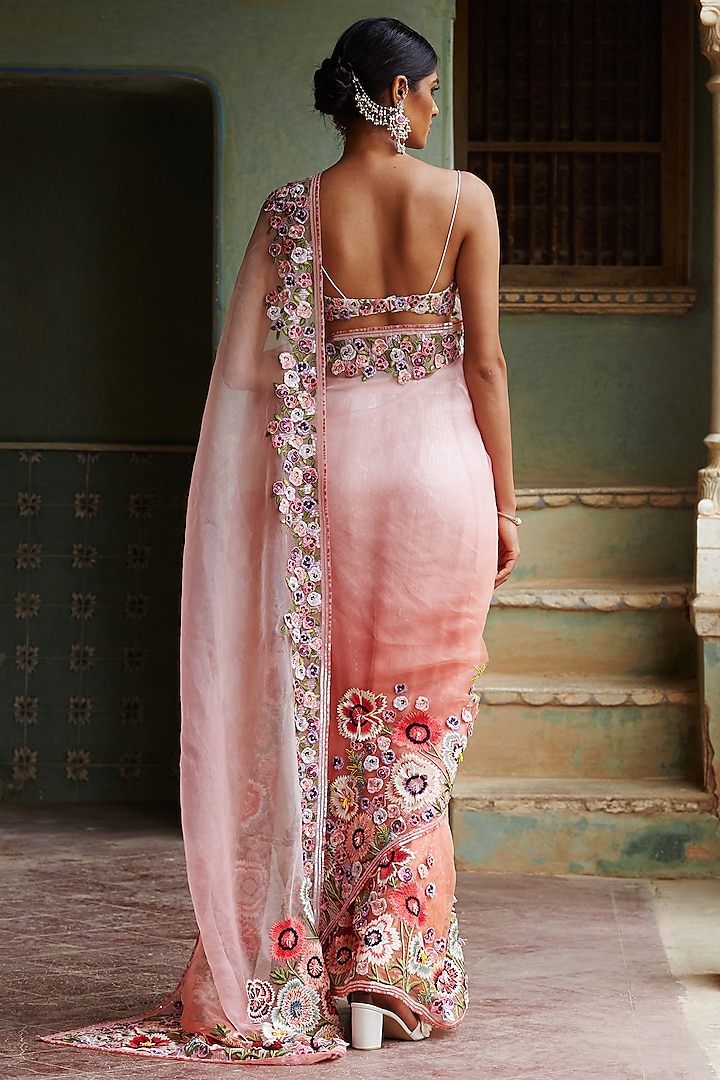 Pink Ombre Hand Embroidered Saree Set by Rahul Mishra at Pernia