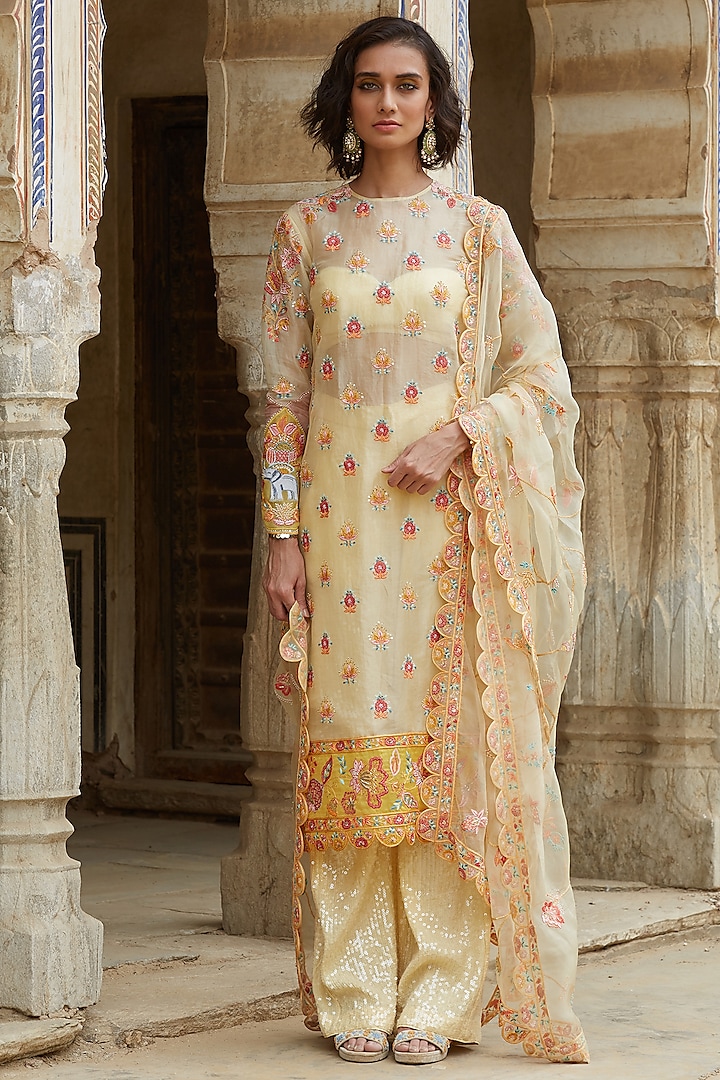 Woodland Yellow Hand Embroidered Kurta Set by Rahul Mishra