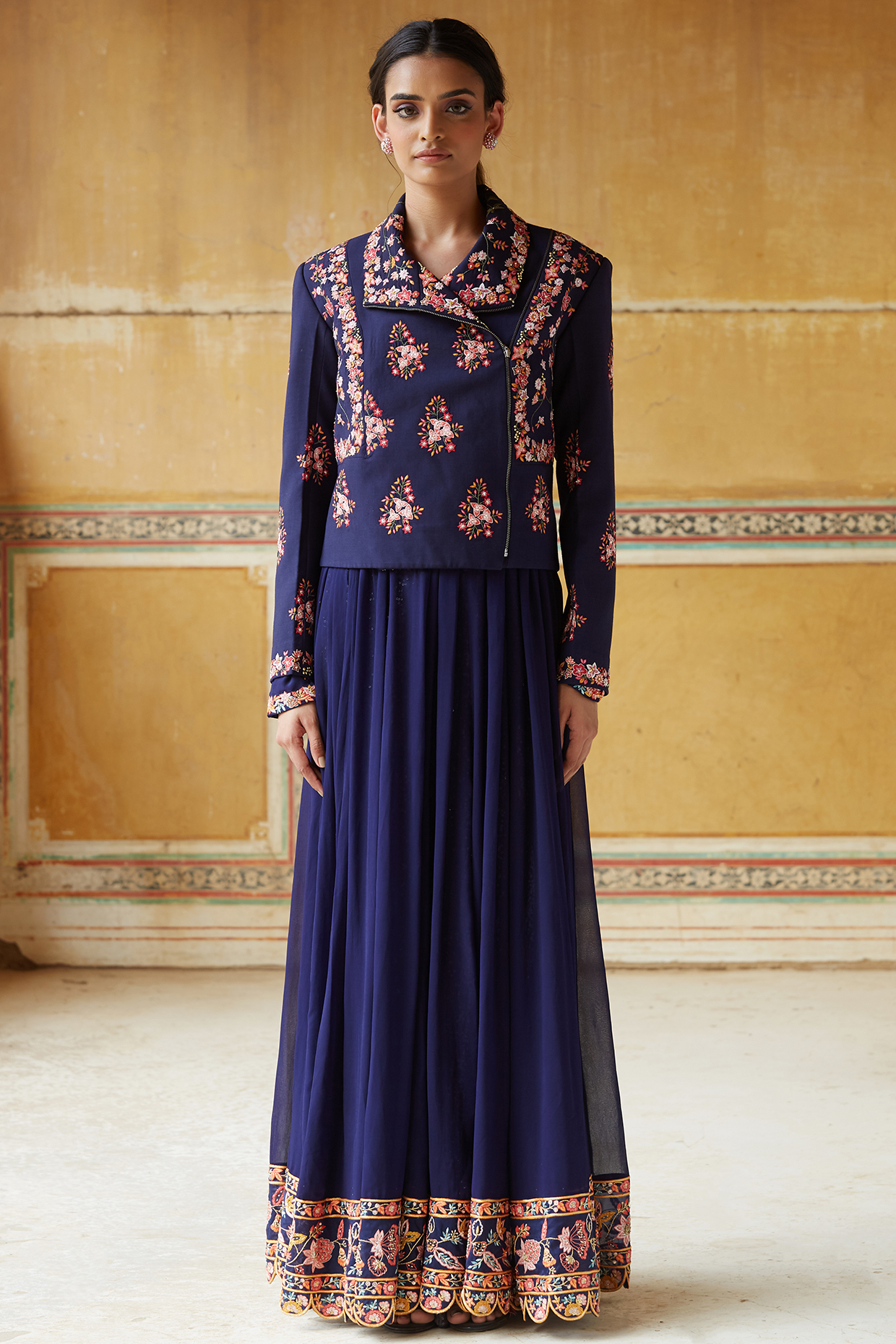 Navy Blue Hand Embroidered Bridal Anarkali With Biker Jacket by Rahul Mishra at Pernia's Pop Up Shop