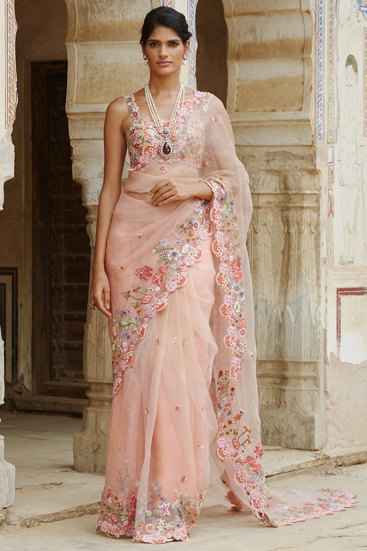 Pink Ombre Organza Wildflower Hand Embroidered Saree Set by Rahul 