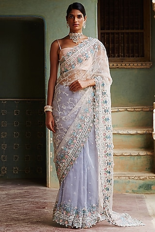 Multi Colored Silk Organza Gul-E-Bahar Hand Embroidered Saree Set by Rahul Mishra