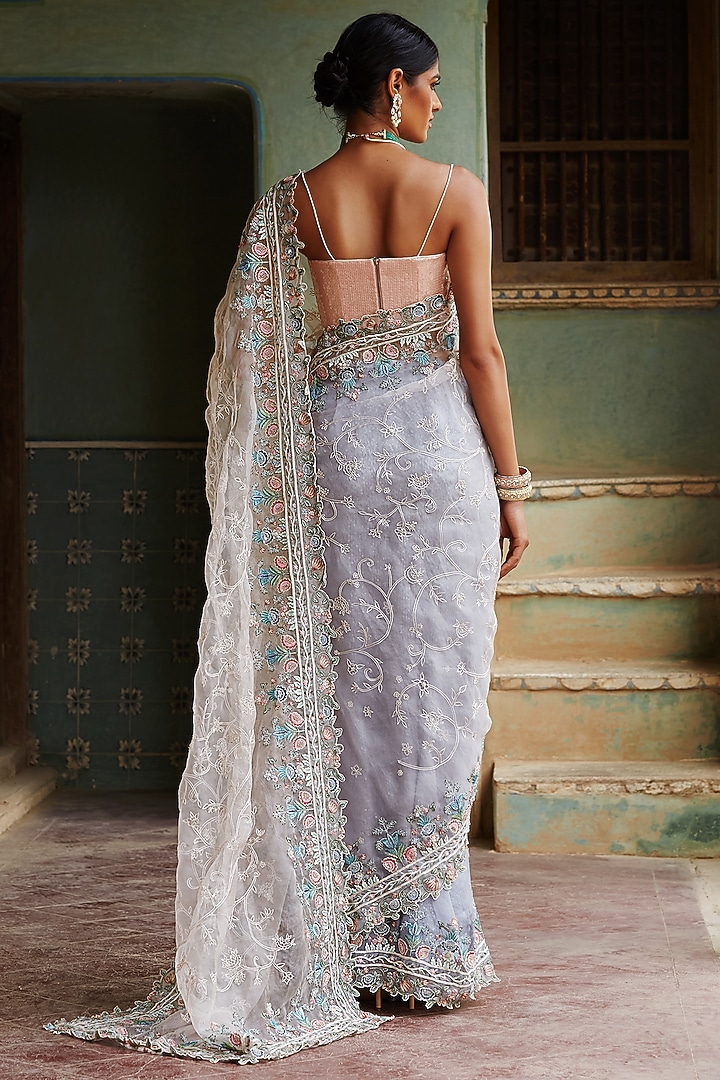 Multi Colored Silk Organza Gul-E-Bahar Hand Embroidered Bridal Saree Set by Rahul Mishra at Pernia's Pop Up Shop