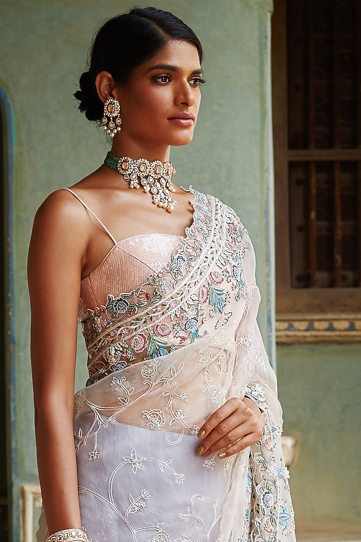 Multi Colored Silk Organza Gul-E-Bahar Hand Embroidered Bridal Saree Set by Rahul Mishra at Pernia's Pop Up Shop