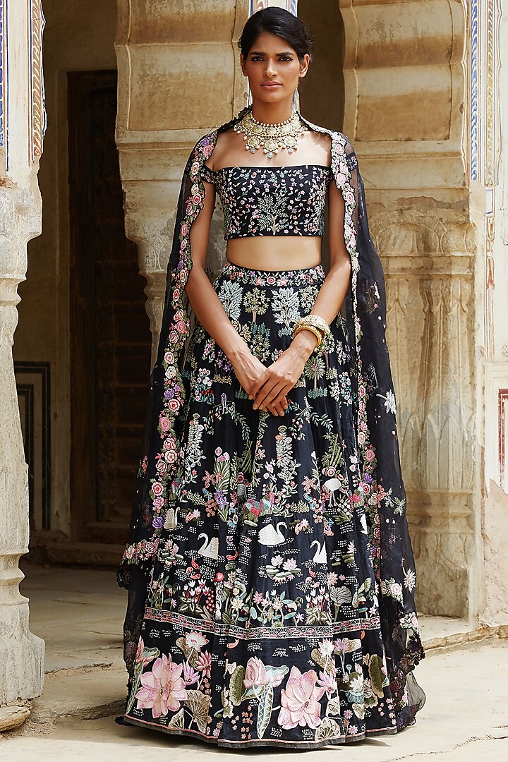 Black Swan Hand Embroidered Lehenga Set by Rahul Mishra