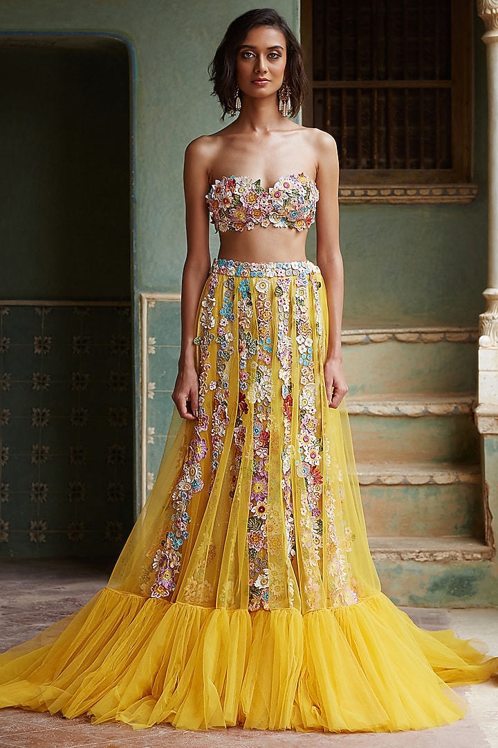 Yellow Wildflower 3D Hand Embroidered Skirt Set by Rahul Mishra