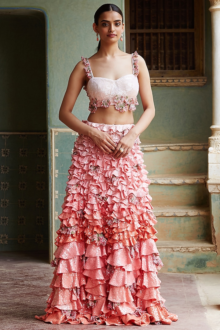 Multi Colored 3D Bougainvillea Hand Embroidered Skirt Set by Rahul Mishra