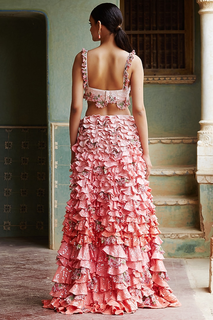 Multi Colored 3D Bougainvillea Hand Embroidered Skirt Set by Rahul Mishra at Pernia's Pop Up Shop
