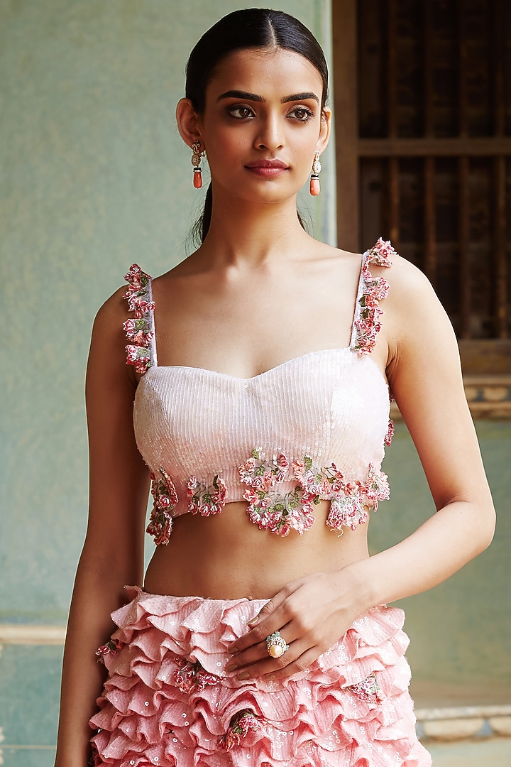 Multi Colored 3D Bougainvillea Hand Embroidered Skirt Set by Rahul Mishra at Pernia's Pop Up Shop