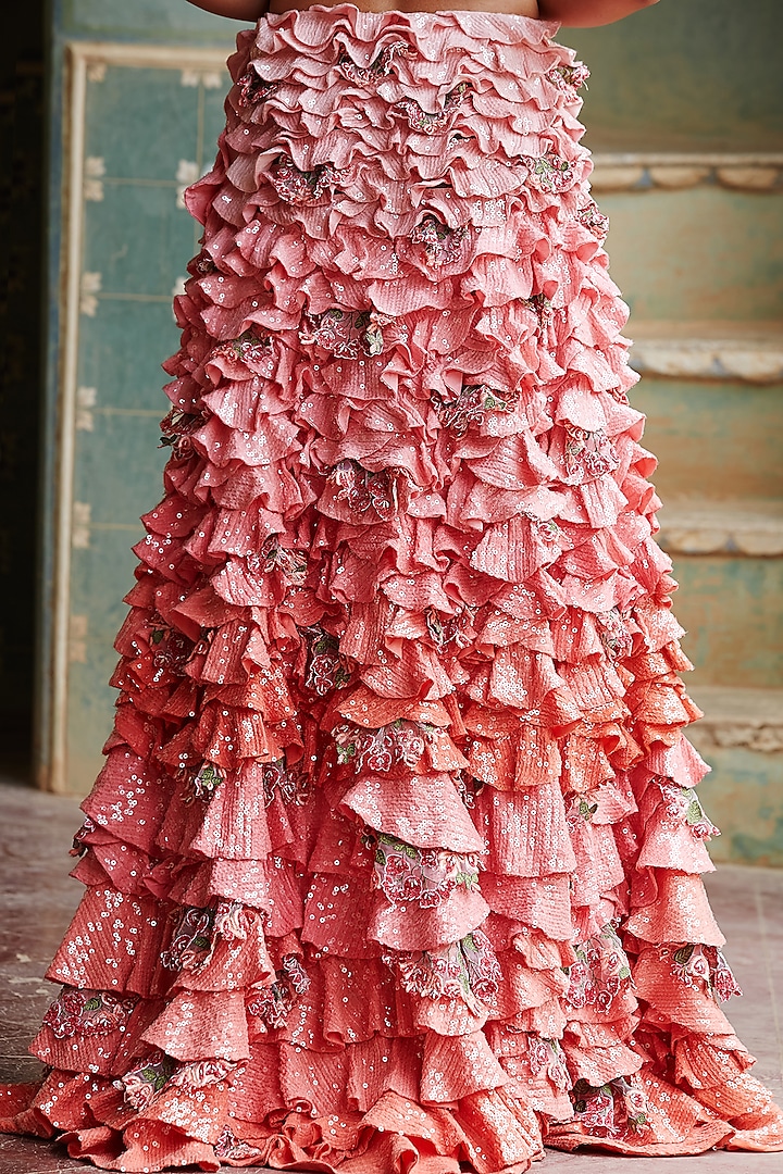 Multi Colored 3D Bougainvillea Hand Embroidered Skirt Set by Rahul Mishra at Pernia's Pop Up Shop