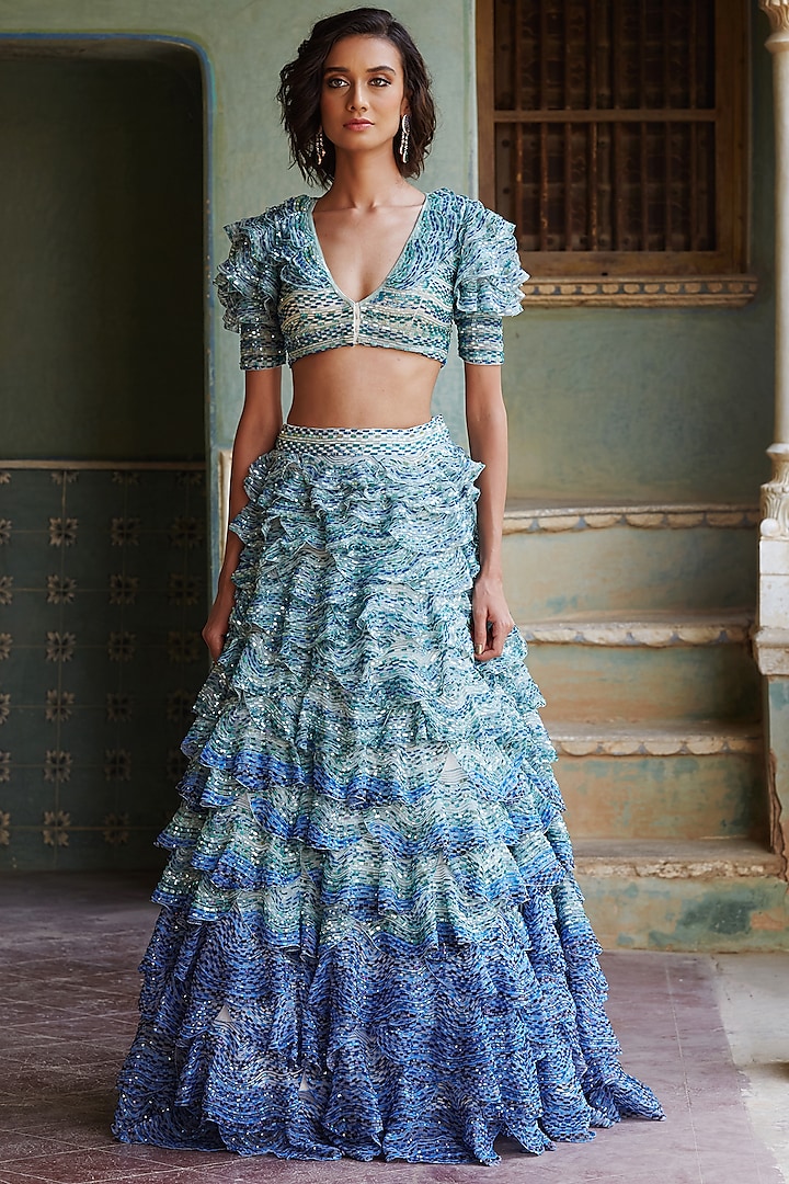 Blue 3D Water Hand Embroidered Lehenga Set Design by Rahul Mishra at ...