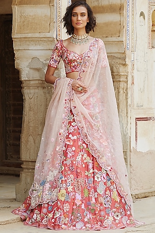 Coral Hand Embroidered Lehenga Set by Rahul Mishra
