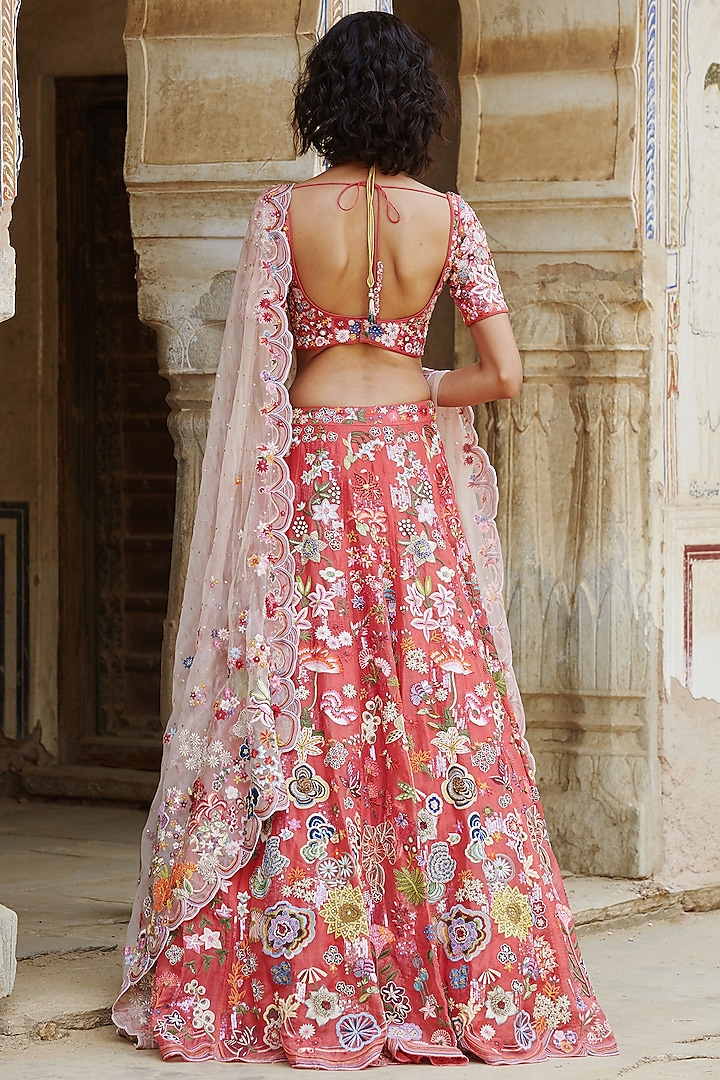 Coral Hand Embroidered Bridal Lehenga Set by Rahul Mishra at Pernia's Pop Up Shop