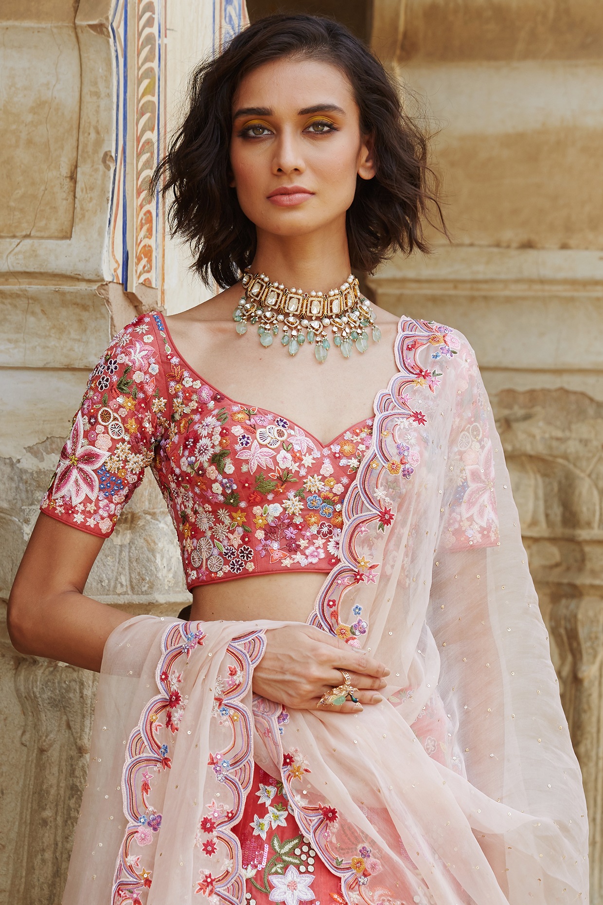 Coral Pure Georgette Sequins with heavy Zarkan embroidery Se