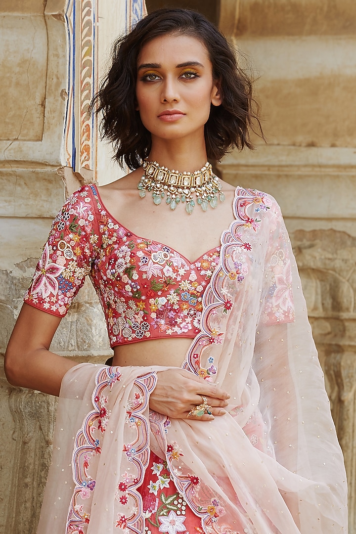 Coral Hand Embroidered Bridal Lehenga Set by Rahul Mishra at Pernia's Pop Up Shop