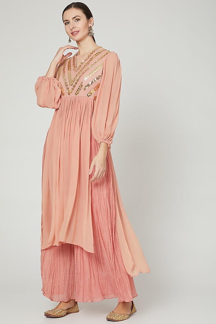 Pink Sequins Embroidered Kurta With Pants by Ria Shah Label