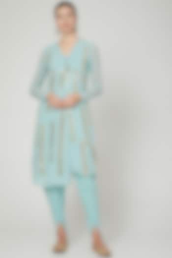 Sky Blue Embroidered Kurta With Pants by Ria Shah Label