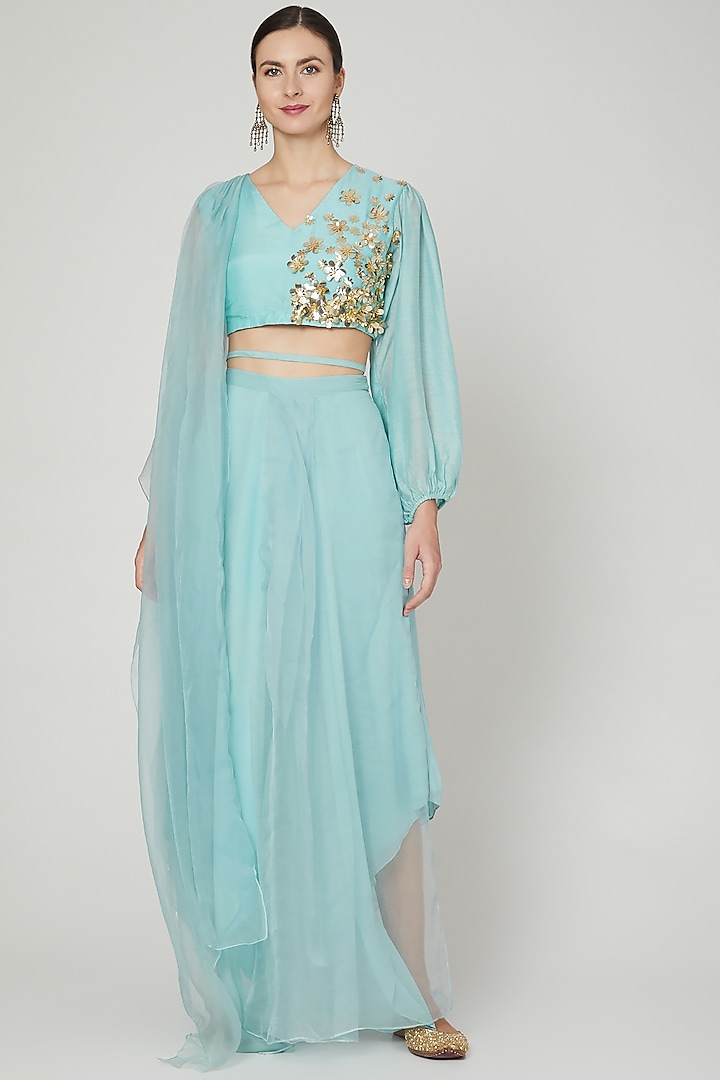 Sky Blue Semi-Georgette & Organza Draped Pant Saree Set by Ria Shah Label
