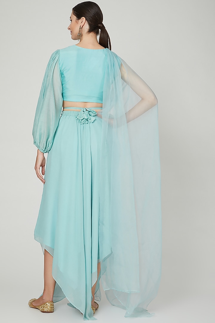 Sky Blue Semi-Georgette & Organza Draped Pant Wedding Saree Set by Ria Shah Label at Pernia's Pop Up Shop