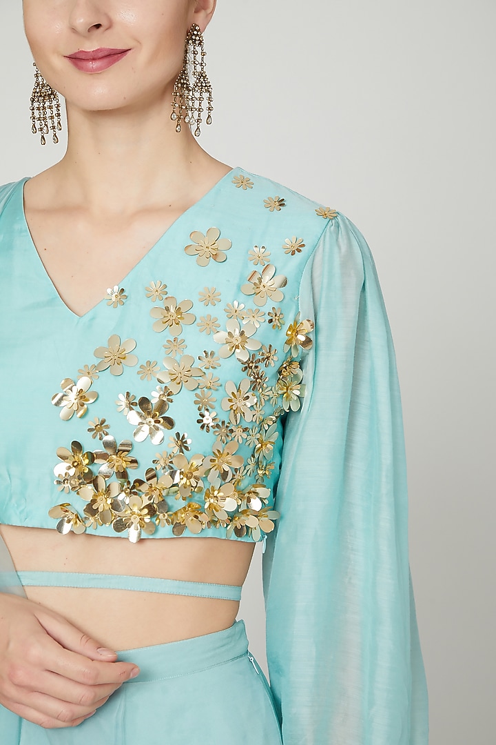 Sky Blue Semi-Georgette & Organza Draped Pant Wedding Saree Set by Ria Shah Label at Pernia's Pop Up Shop