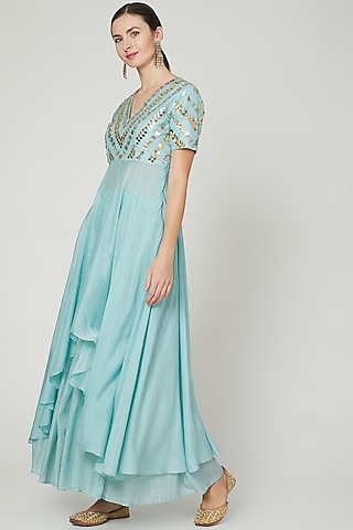 Sky Blue Embroidered Anarkali With Pants by Ria Shah Label
