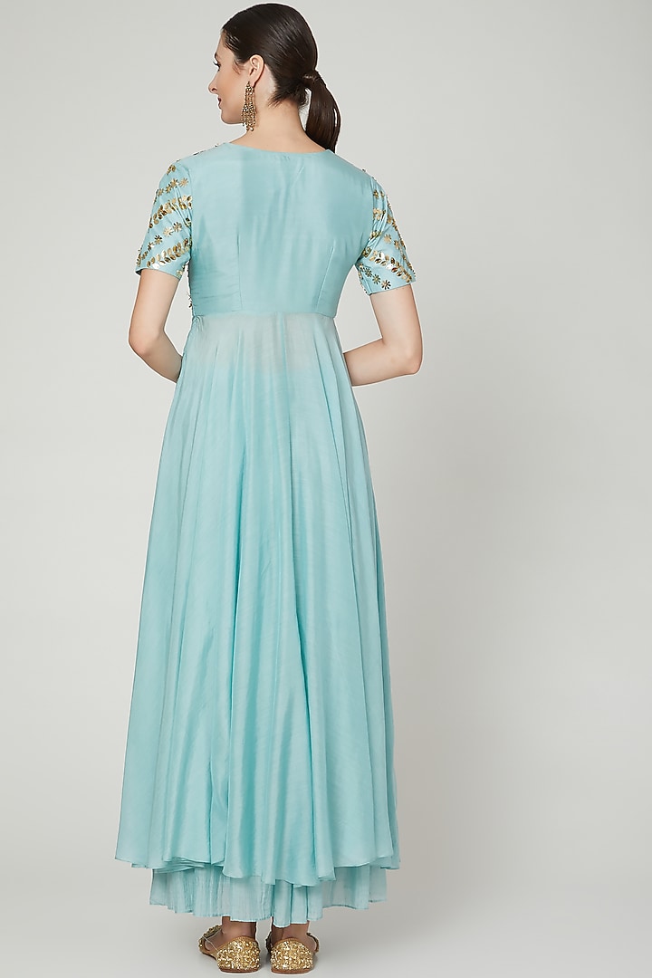 Sky Blue Embroidered Wedding Anarkali With Pants by Ria Shah Label at Pernia's Pop Up Shop