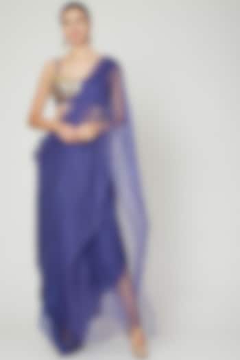 Violet Semi-Georgette & Organza Draped Pant Saree Set by Ria Shah Label