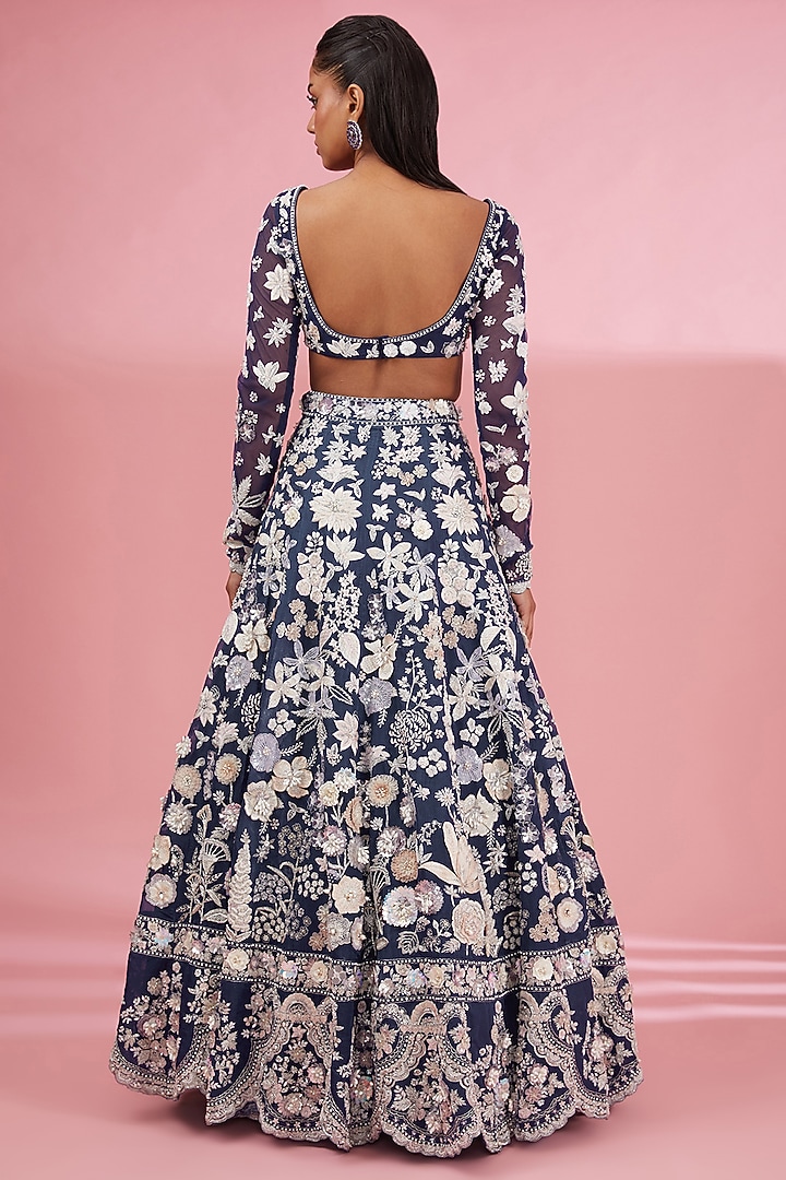 Blue Organza Bridal Lehenga Set by Rahul Mishra at Pernia's Pop Up Shop