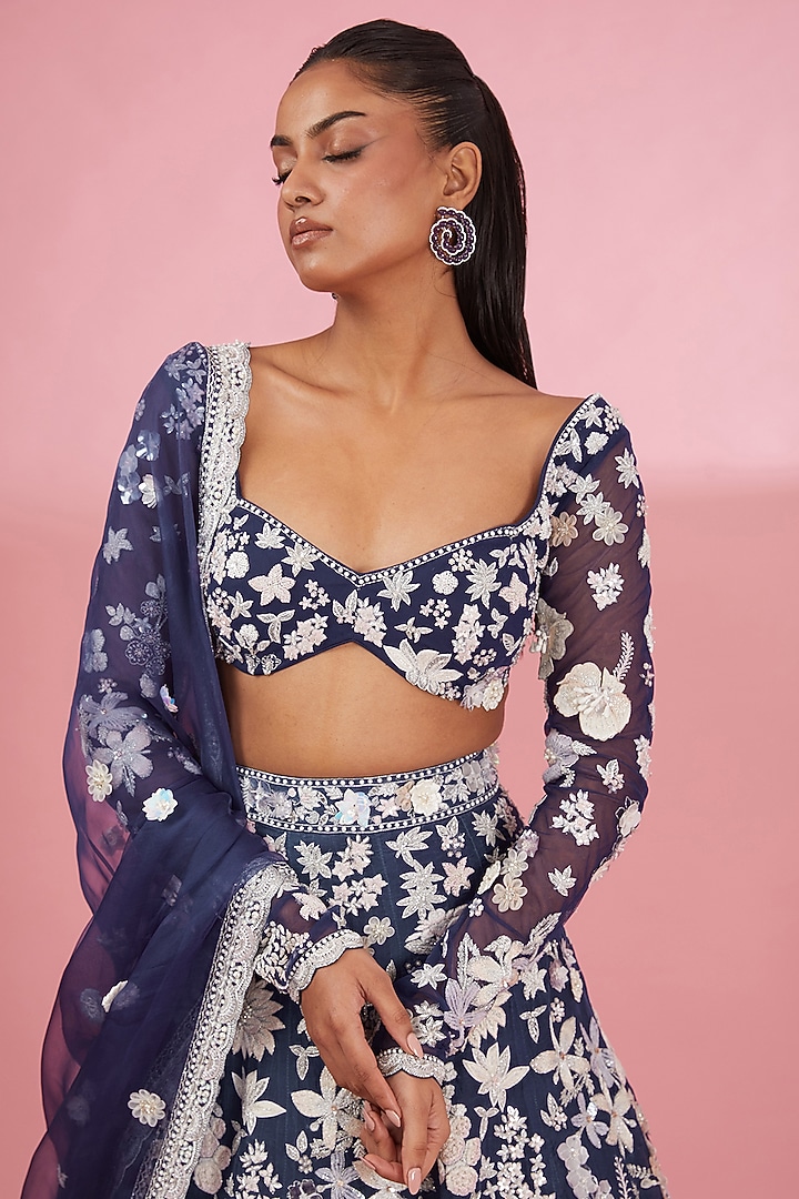 Blue Organza Bridal Lehenga Set by Rahul Mishra at Pernia's Pop Up Shop