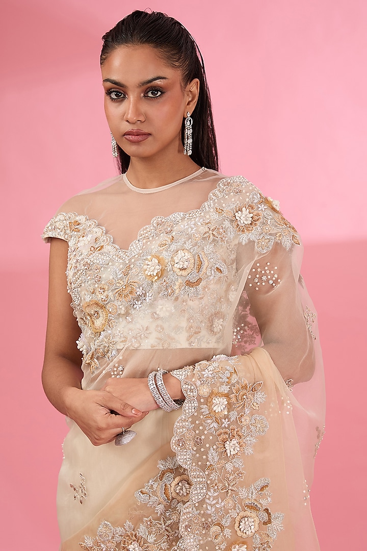 Ivory & Beige Organza Ombre Bridal Saree Set by Rahul Mishra at Pernia's Pop Up Shop