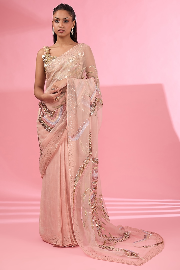 Rose Pink Organza Embroidered Saree Set by Rahul Mishra at Pernia's Pop Up Shop