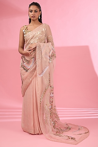 Rose Pink Organza Embroidered Saree Set by Rahul Mishra