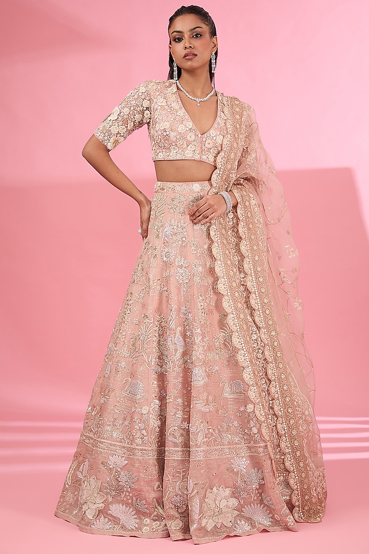 Rose Pink Organza Bridal Lehenga Set by Rahul Mishra at Pernia's Pop Up Shop