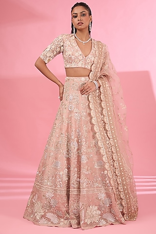 Rose Pink Organza Lehenga Set by Rahul Mishra