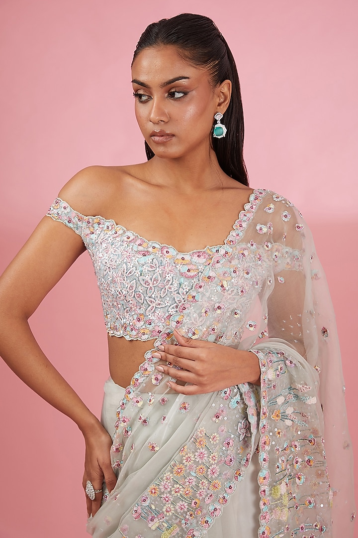 Mint Organza Bridal Saree Set by Rahul Mishra at Pernia's Pop Up Shop