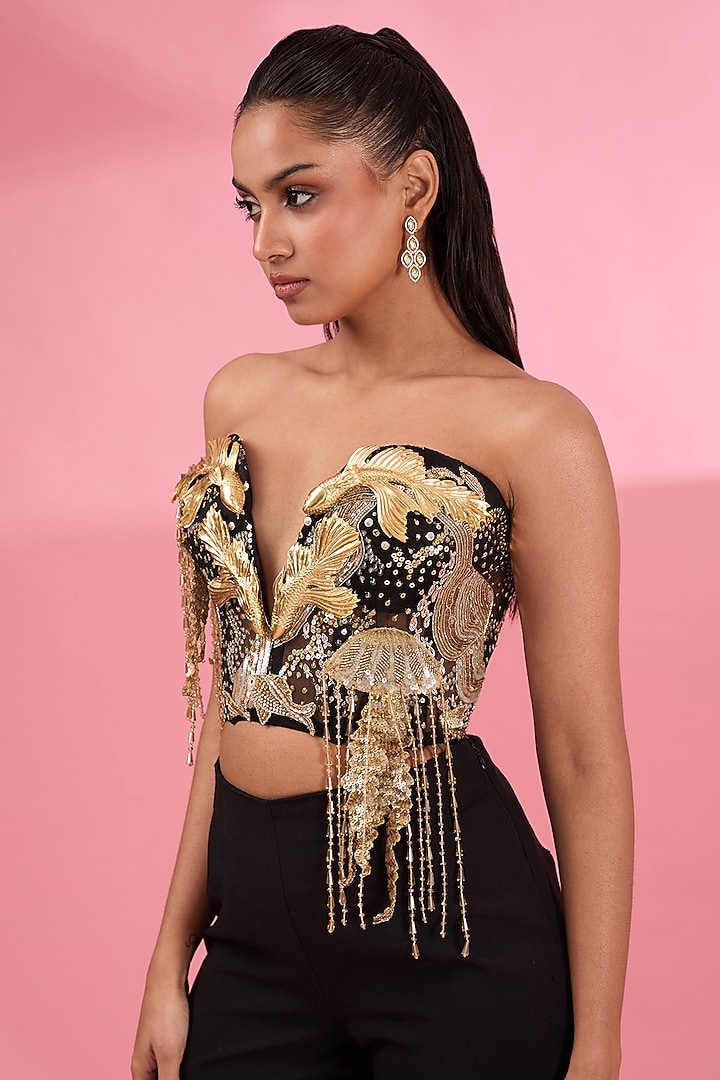 Black & Gold Tulle Corset Top by Rahul Mishra at Pernia's Pop Up Shop