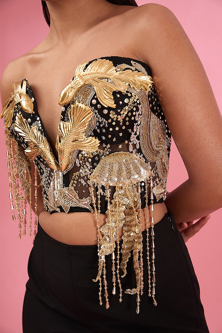 Black & Gold Tulle Corset Top by Rahul Mishra at Pernia's Pop Up Shop