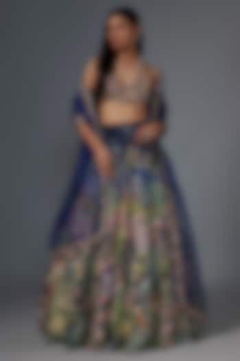 Navy Organza Hand Embroidered Bridal Lehenga Set by Rahul Mishra at Pernia's Pop Up Shop