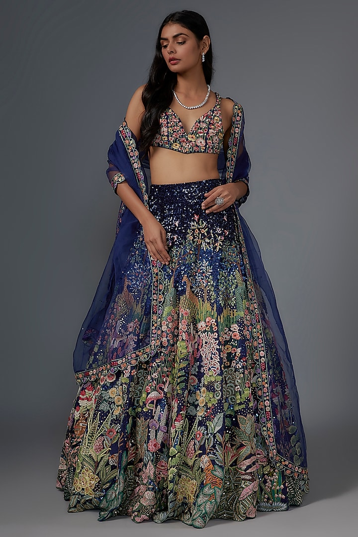 Navy Organza Hand Embroidered Bridal Lehenga Set by Rahul Mishra at Pernia's Pop Up Shop