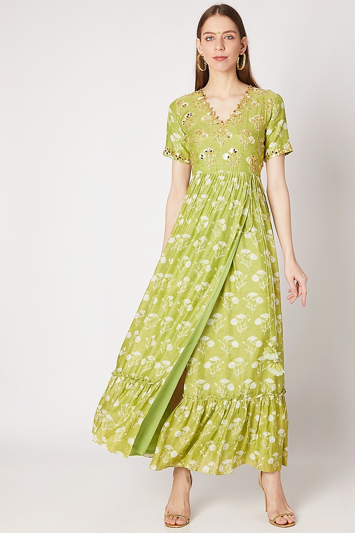 Olive Green Printed & Embroidered Maxi Dress by Ria Shah Label