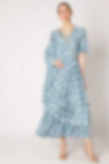 Sky Blue Embroidered & Printed Saree Drape Dress by Ria Shah Label